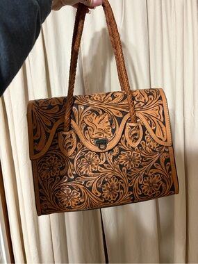 Western Linen Tooled Leather Bag